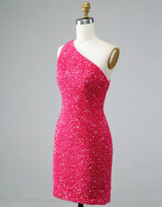 Glitter Hot Pink Sequin One Shoulder Homecoming Wedding 