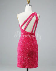 Glitter Hot Pink Sequin One Shoulder Homecoming Wedding 