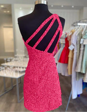 Glitter Hot Pink Sequin One Shoulder Homecoming Wedding 