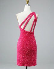 Glitter Hot Pink Sequin One Shoulder Homecoming Wedding 