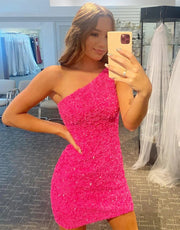 Glitter Hot Pink Sequin One Shoulder Homecoming Wedding 