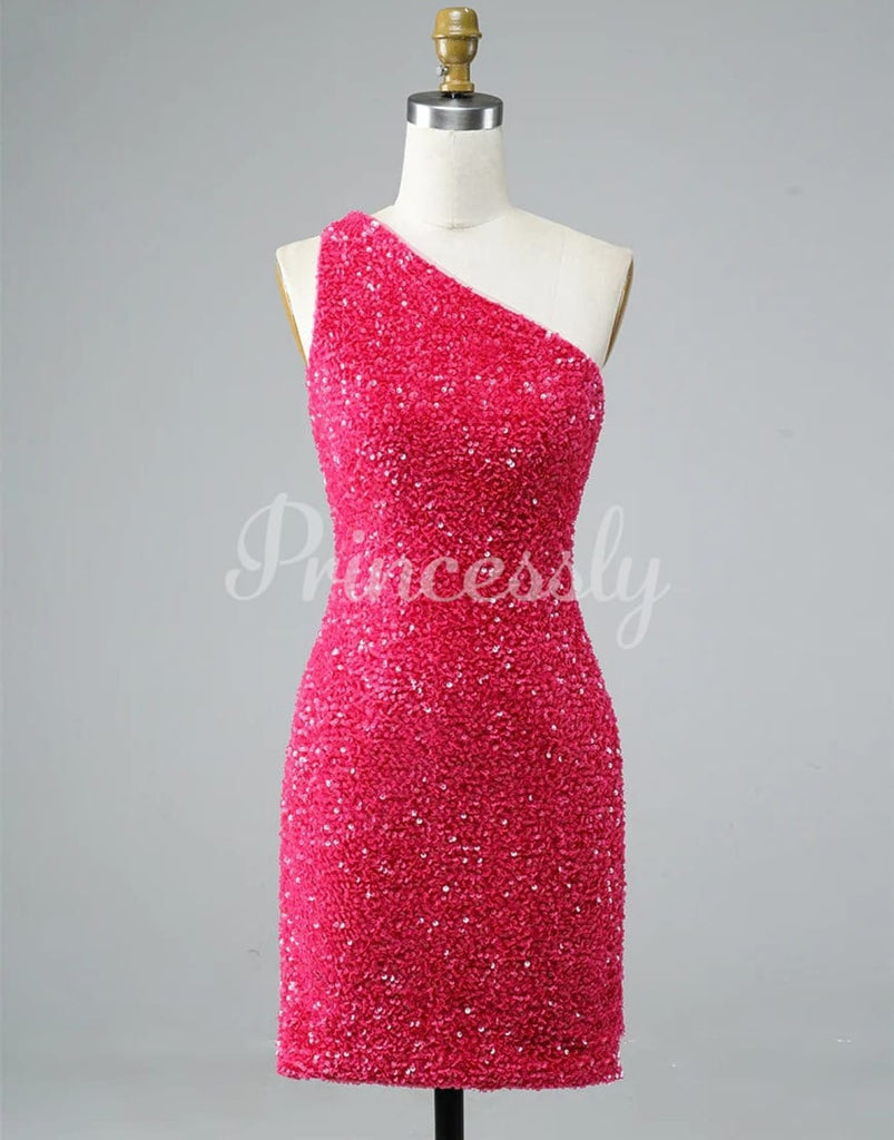 pgmdress Glitter One-Shoulder Hot Pink Homecoming Dress with Sequins PD462 Custom Size / Hot Pink