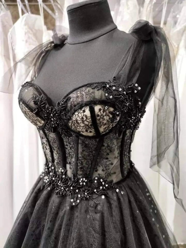 Glitter Gothic Sweetheart Corset Court Black Wedding Dress