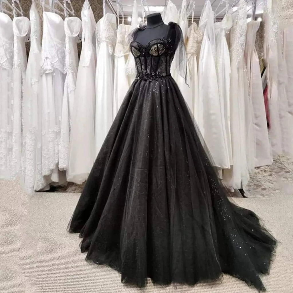 Glitter Lace Tulle Sweetheart Corset Court Black Wedding Dress