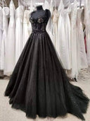 Vestido de novia negro con corte de corsé de novia de tul de encaje brillante