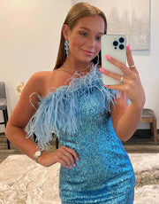 Glitter One Shoulder Blue Sequin Mini Homecoming Dress 