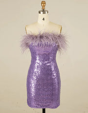 Glitter Strapless Lilac Sequin Mini Homecoming Dress Feather