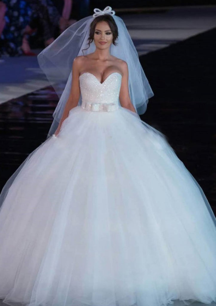 Glitter Strapless Sweetheart Tulle Ball Gown Wedding Dress 