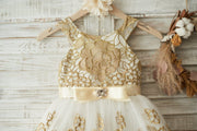 Gold Lace Ivory Tulle Wedding Flower Girl Dress