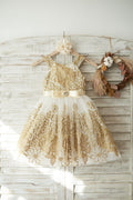 Gold Lace Ivory Tulle Straps Wedding Flower Girl Dress