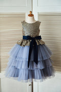 Свадебное платье из тюля с золотыми пайетками, пыльно-синее, с поясом для девочек