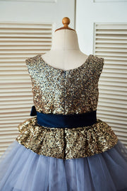 Gold Sequin Blue Cupcake Tulle Wedding Flower Girl Dress 