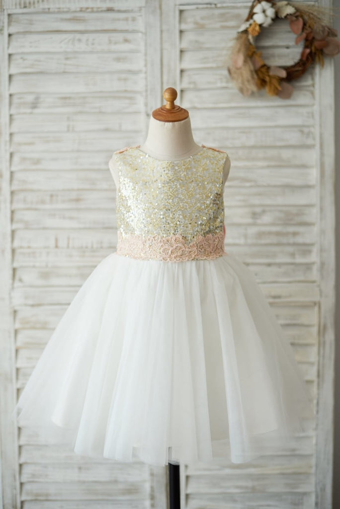 Gold Sequin Ivory Tulle V Back Wedding Flower Girl Dress 