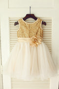 Gold Sequin Ivory Tulle Wedding Flower Girl Dress, Belt / Flower