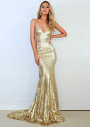 Gold Sequin Prom Dress Mermaid V-Neck Straps Sleeveless Fishtail Court