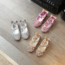 Zapatos de niña de flores de lentejuelas con lazo de cuero dorado/plateado/rosa, zapatos de princesa para fiesta de boda