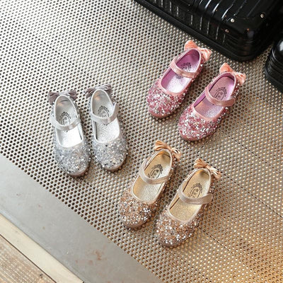 Gold / Silver / Pink Leather Bow Sequin Flower Girl Shoes 