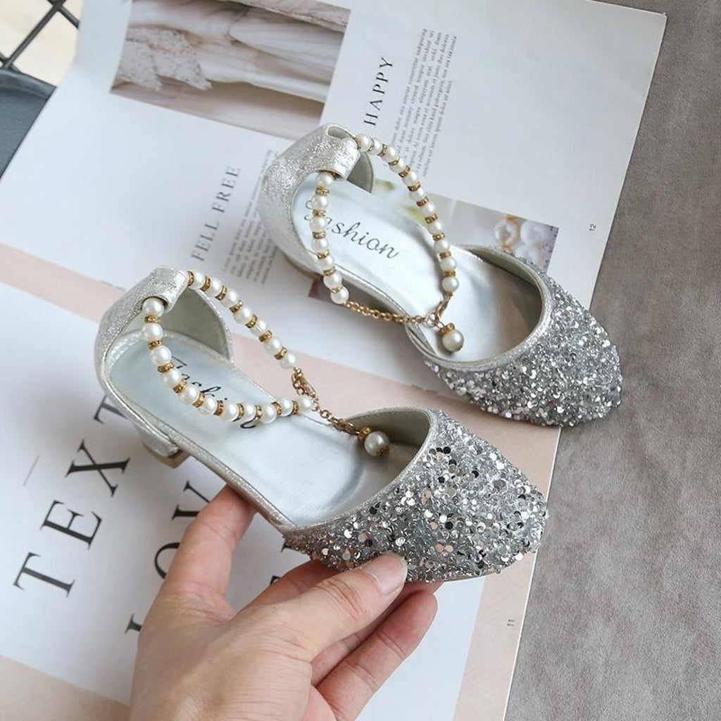 Gold / Silver Sequin Pearls Wedding Flower Girl Shoes 