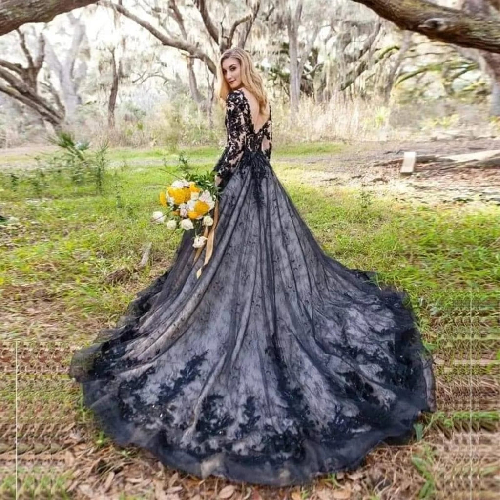 Gothic A-line V Neck Long Sleeve Chapel Black Lace Wedding 