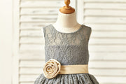 Grey Lace Flower Girl Dress with Champagne Sash / Flower