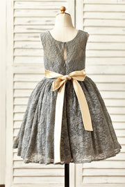 Grey Lace Flower Girl Dress with Champagne Sash / Flower
