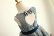 Gray Lace Rosette Keyhole Back Flower Girl Dress