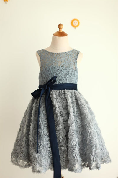Gray Lace Rosette Keyhole Back Flower Girl Dress