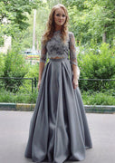 Gray Satin Prom Gown Lace A-Line 3/4 Sleeve Floor-Length 2 Piece Set Dress