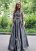 Grau Satin Prom Kleid Spitze A-Linie 3/4 Ärmel Bodenlang 2 Stück Set Kleid