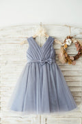 Gray Satin Tulle V Neckline Wedding Flower Girl Dress, Belt