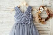 Gray Satin Tulle V Neckline Wedding Flower Girl Dress with 