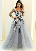 Gray Tulle Floor Length Prince Sheer Long Sleeve V-Neck Prom Dress, Lace