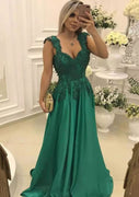 Green Satin Prom Dress A-Line Sweetheart senza maniche Sweep, perline Bowknot