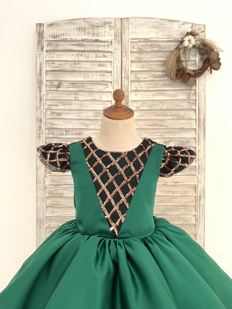 Green Satin Sequin Tulle Cap Sleeves Wedding Flower Girl Dress