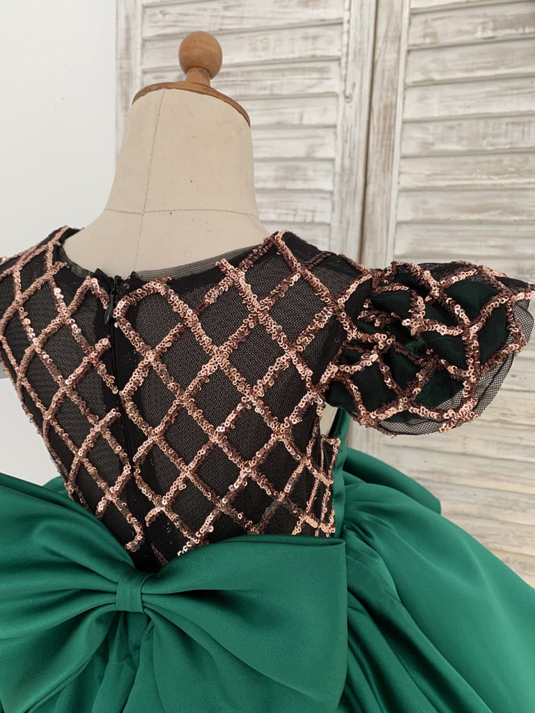 Green Satin Sequin Tulle Cap Sleeves Wedding Flower Girl Dress