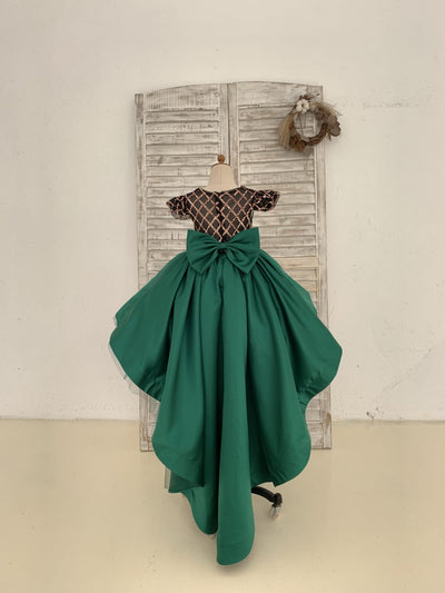 Hi-Low Green Satin Rose Gold Sequin Tulle Cap Sleeves 