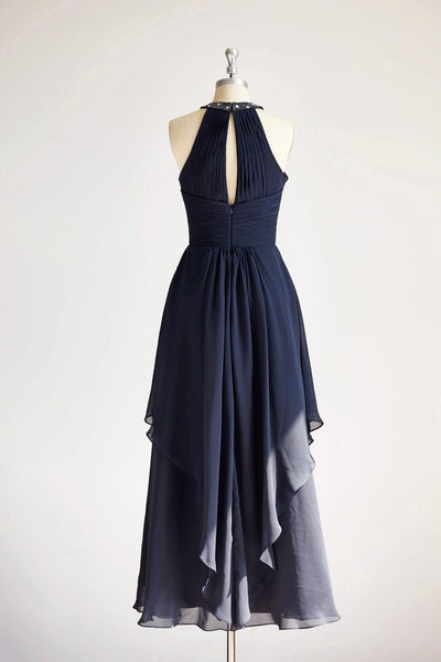 Halter Navy Blue Beaded Chiffon Long Wedding Bridesmaid 