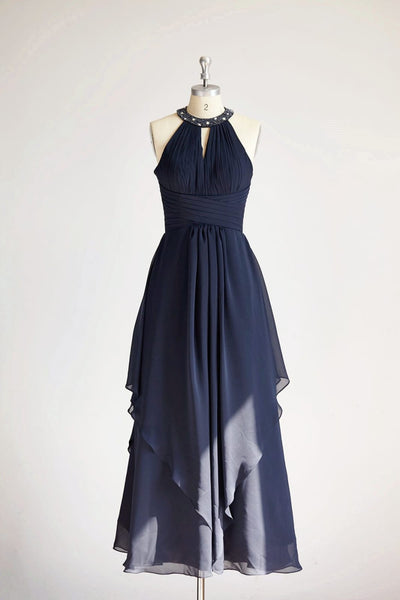 Halter Navy Blue Beaded Chiffon Long Wedding Bridesmaid 