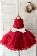 Abito da ragazza di fiore con scollo all'americana in tulle bordeaux con volant Abito da festa per bambini