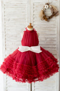 Бордовое тюлевое платье с лямкой на шее и оборками на свадьбу, детское праздничное платье для девочек