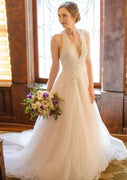 Halter Open Back Sleeveless A-line Court Tulle Wedding Dress, Lace