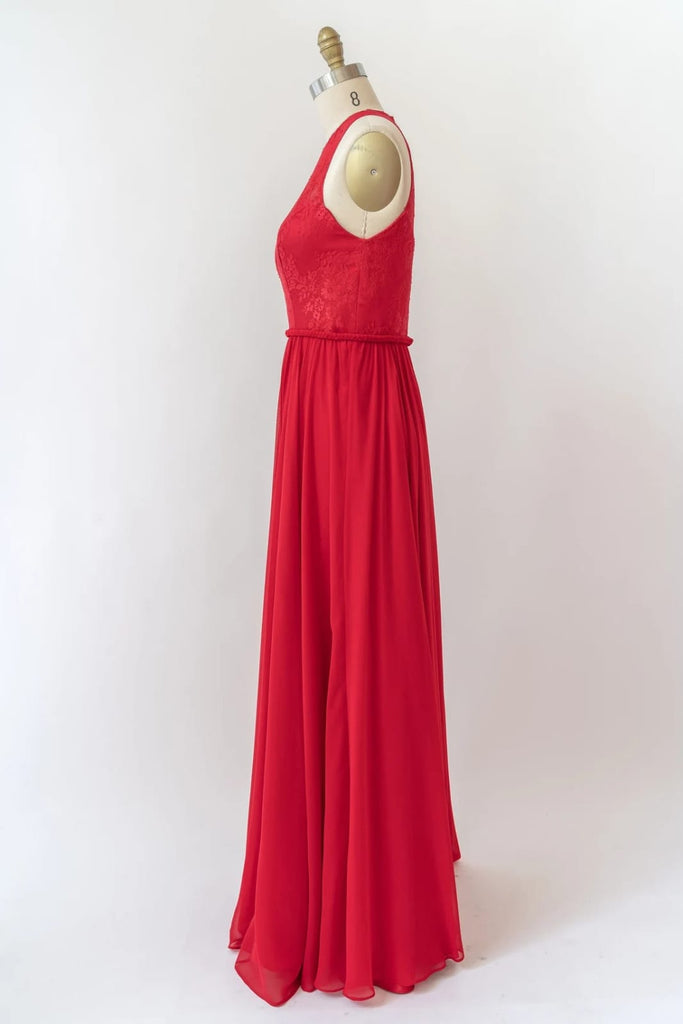 Halter Sleeveless Lace Chiffon Long Red Bridesmaid Dress 