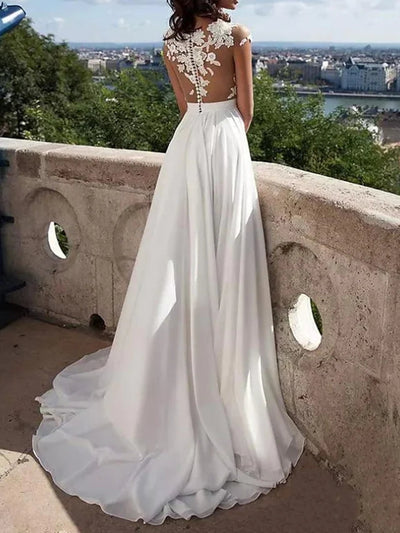 Пляжное свадебное платье трапециевидной формы с короткими рукавами и кружевом Бато из атласа с разрезом