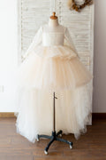 Vestido de niña de flores de boda de tul con lentejuelas de champán de manga larga alta-baja