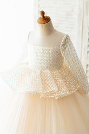 Long Sleeves Champagne Sequin Tulle Hi Low Wedding Flower 