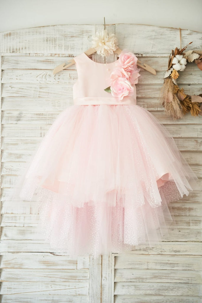Hi-low Pink Dot Tulle Wedding Flower Girl Dress with 3D 