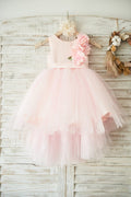 Vestido de niña de las flores de la boda de tul de punto rosa alto-bajo, flores 3D
