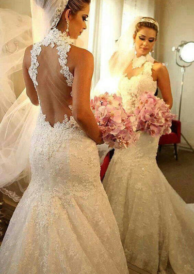 High-Neck Sleeveless Court Sequin Lace Mermaid Wedding Dress