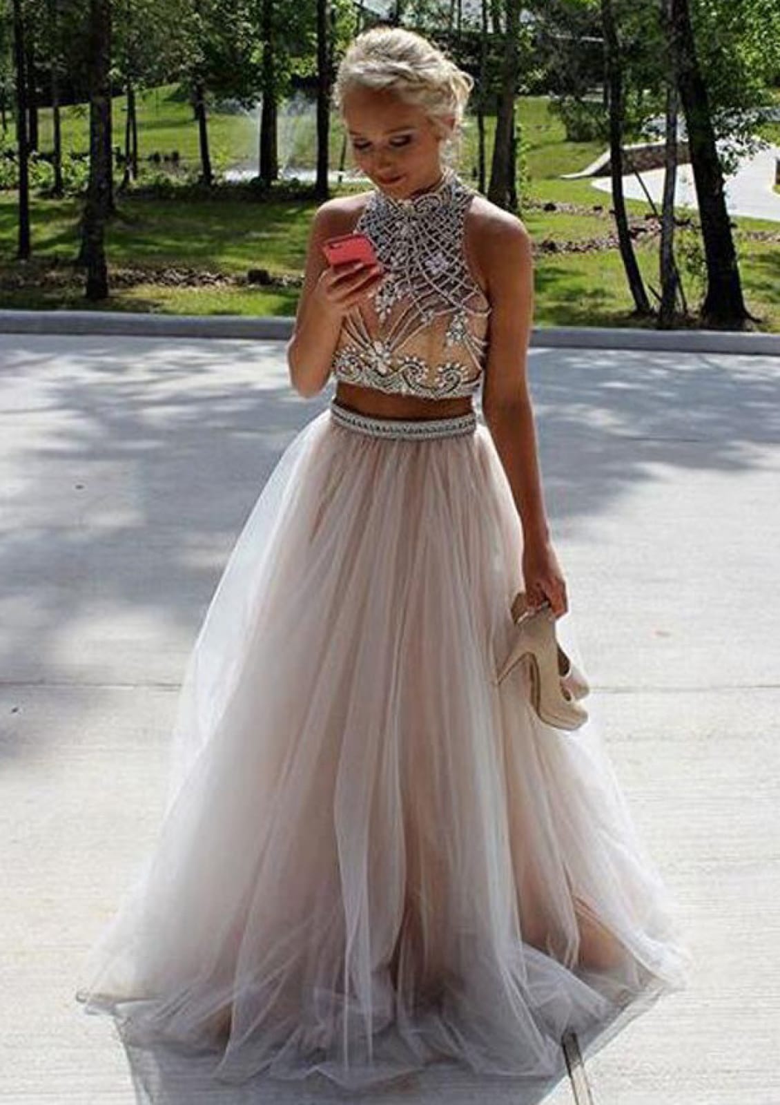 two piece prom dress Custom Made A Line 2 Pieces High Neck Red Dress, Red 2 Pieces Gra jbydress profile leg slit is incorporated into the full Bateau Neck Two Piece Black