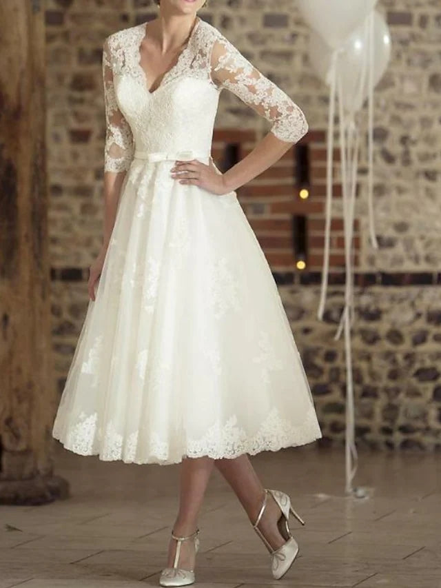 A-Line Wedding Dress Tea Length 3/4 Sleeve V Neck Lace Tulle 2024 Brid -  Princessly